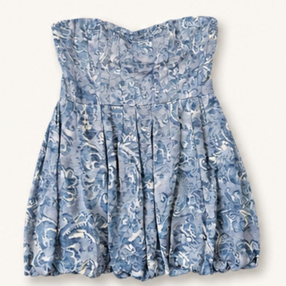 Joie Strapless Blue & White Brocade Bubble Hem Dress Size Large Romantic